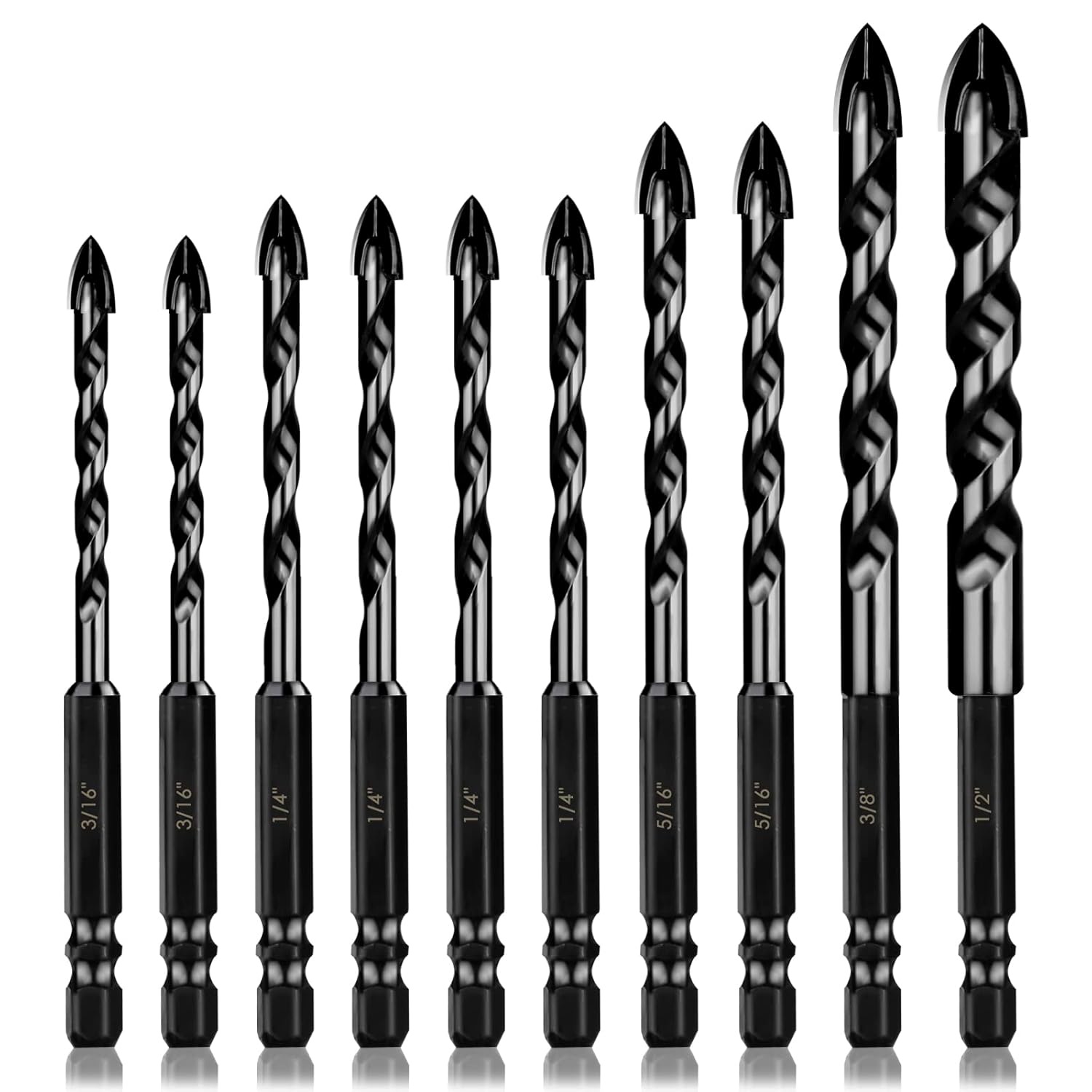 Masonry Drill Bits Set 10PCS, Concrete Drill Bit Set with Tungsten Carbide Tip for Glass,Tile, Brick, Cement, Concrete, Plastic, Cinder Block, Wood etc