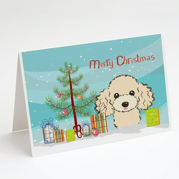 Christmas Tree and Buff Poodle Greeting Cards and Envelopes Pack of 8