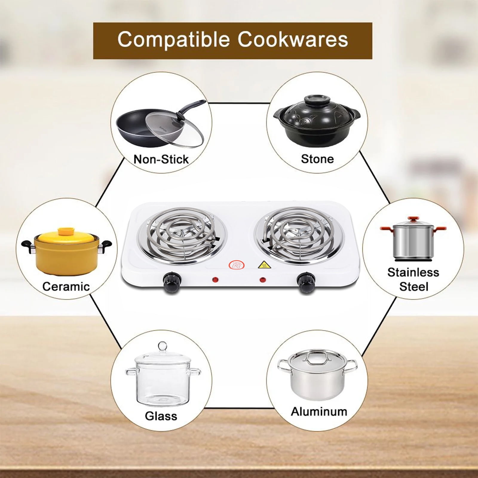 Hinzonek 2000W Portable Electric Double Burner, Hot Plate Kitchen Cooktop Cooking Stove Frying Pan and Easy to Clean for Home or Dorm, Adjustable Temperature, White