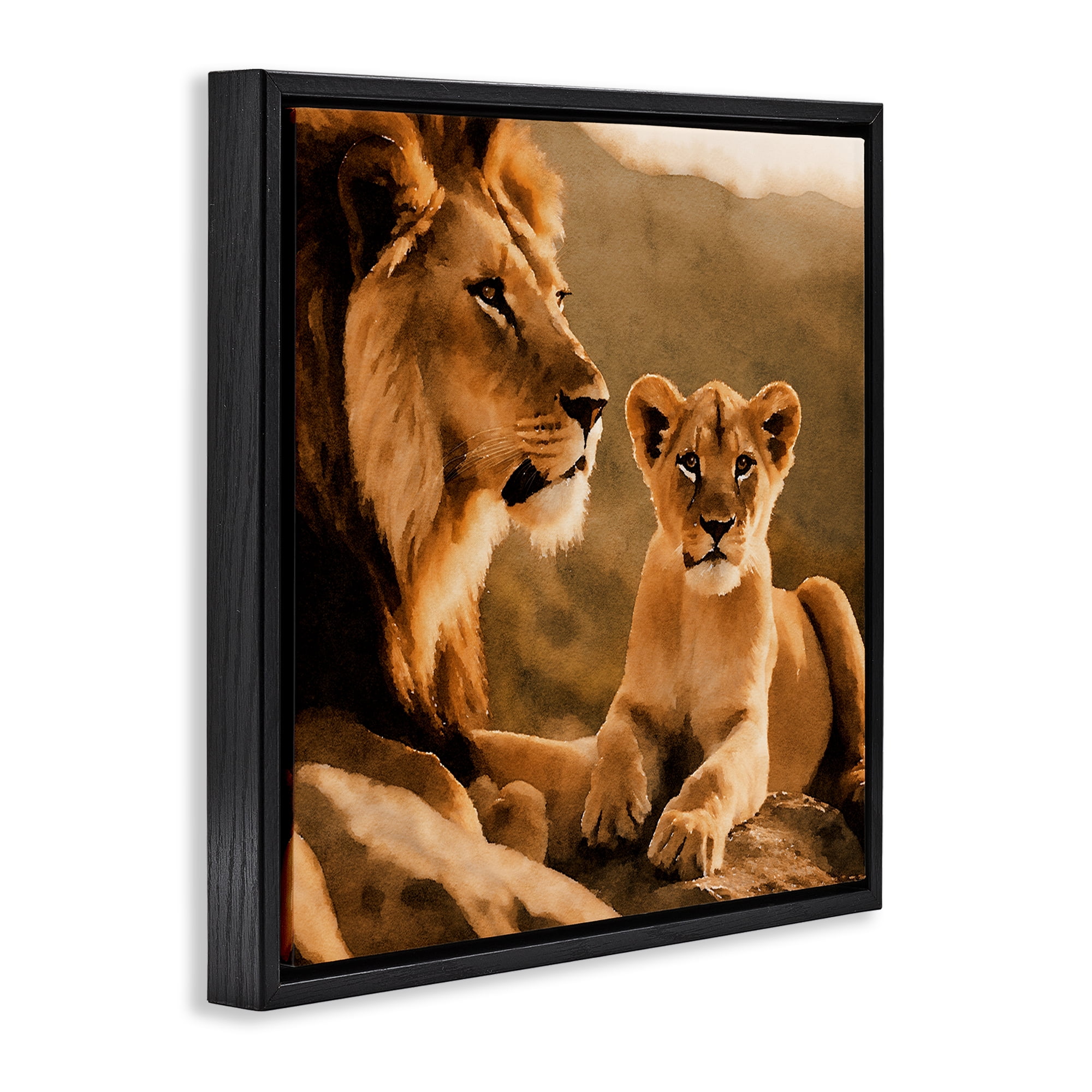 Stupell Industries Lion & Cub Portrait Animals Painting Black Floater Framed Canvas Art Print Wall Art, 25 x 25