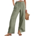 thumbnail image 3 of Nestiefly Linen Pants for Women Cotton Casual Summer Wide Leg Drawstring Elastic Trousers Side Split Beach Vacation Clothes Dark Green M, 3 of 8