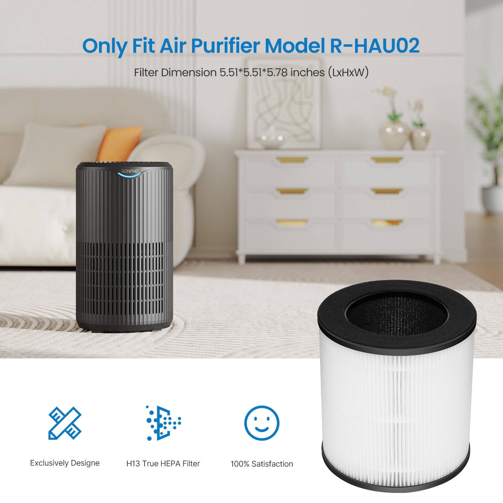 RENPHO H13 HEPA Replacement Air Filter for R-HAU02-WH/R-HAU02-BK, 3-Stage Filtration System, Pre-Filter, HEPA Air Filter, Net Filter, Especially for Allergies and Asthma, Pet Hair, Smokers