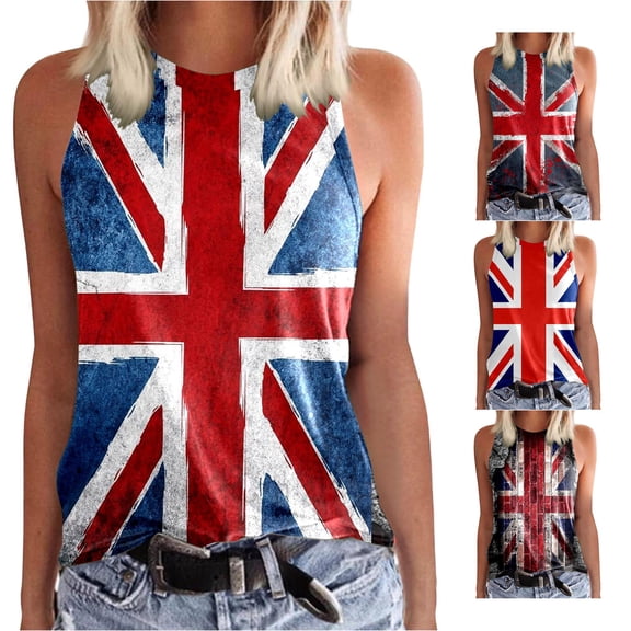 XIAOCHA Union Jack Flag Print Tank Top For Women Sleeveless Crew Neck Summer Vest