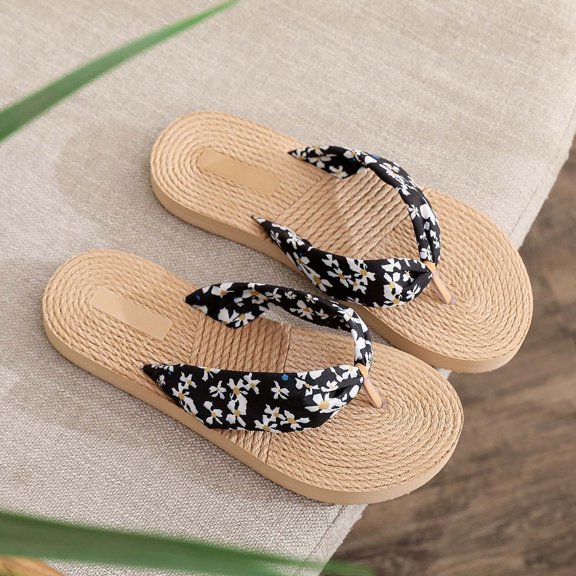 Women's Floral Pattern Flip Flop Slippers Casual Summer Beach Slippers Grass Weave Non Thong Sandals (Black 7)