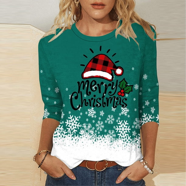 Fiudx Camisas de Mujer Camiseta con Estampado Navideño a La Moda para Mujer, Blusa con Mangas 3/4, Tops Informales con Cuello Redondo