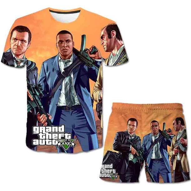 Grand Theft Auto Conjuntos de ropa Moda de verano Camisetas de dibujos animados Pantalones cortos Trajes de 2 piezas GTA5 Disfraces de cuello redondo Suits3T Gao Jinjia LED