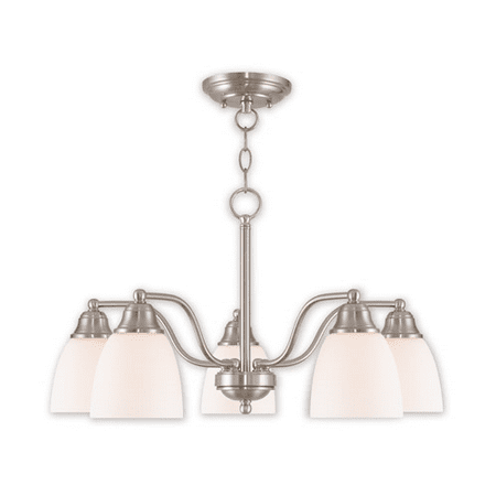 

Chandeliers 5 Light Steel With Hand Blown Satin Opal White Glass Brushed Nickel size 24 in 500 Watts - World of Crystal