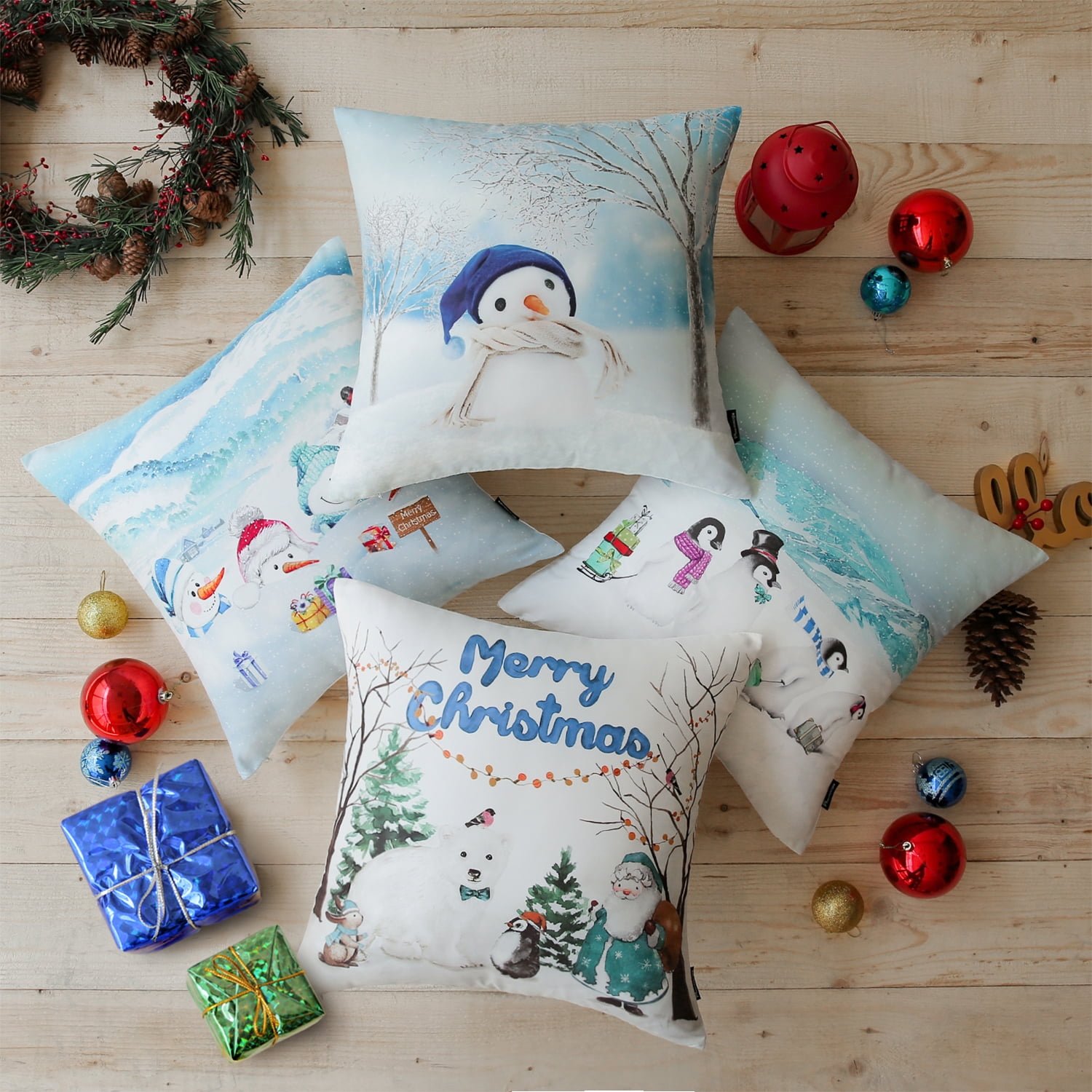 Phantoscope 18" x 18" Embroidery Christmas Polyester Decorative Pillow Cover , ( 4 Count)