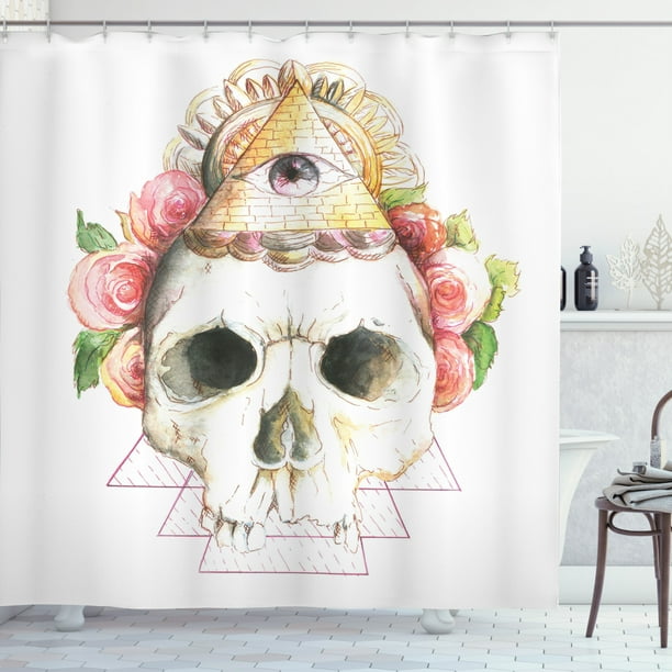 Skull Shower Curtain Traditional Mexican Sugar With Sacred Eye Sign And Geometric Triangle Figures Fabric Bathroom Set Hooks Multicolor By Ambesonne Com Skull Shower Curtain Traditional, Skull Shower Curtain Hooks