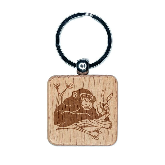 Peace Loving Bonobo Chimpanzee Square Keychain Charm Tag - Engraved Wood
