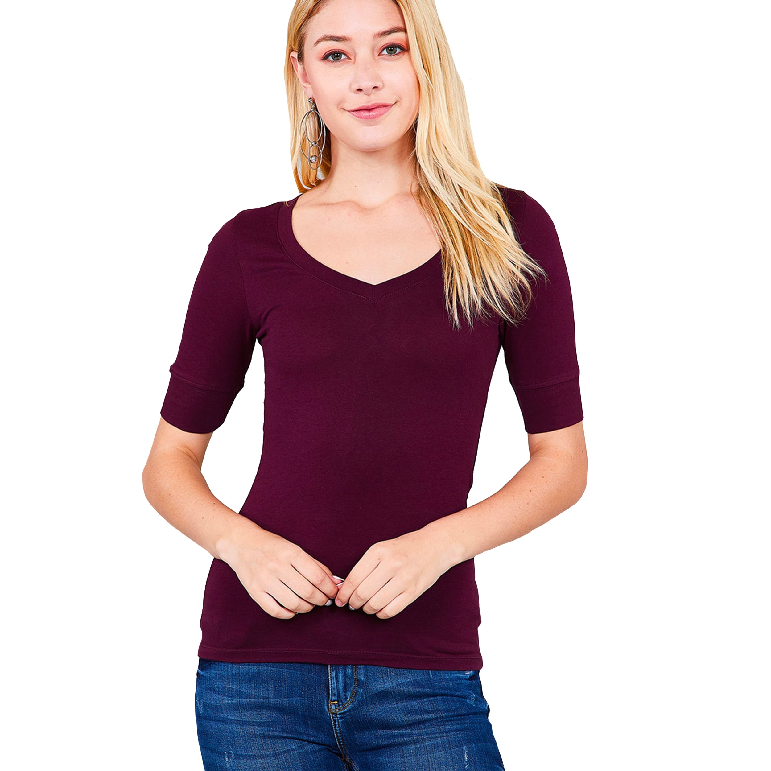 Women's Basic Elbow Sleeve VNeck Cotton TShirt Plain TopPlus Size