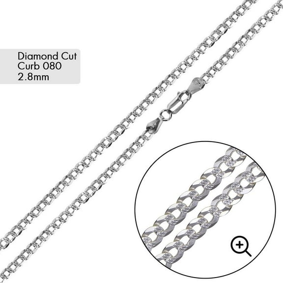 Sterling Silver 925 Diamond-Cut Pave Curb 080 Chain 2.8mm Made in Italy 16" Jewelry Female Unisex