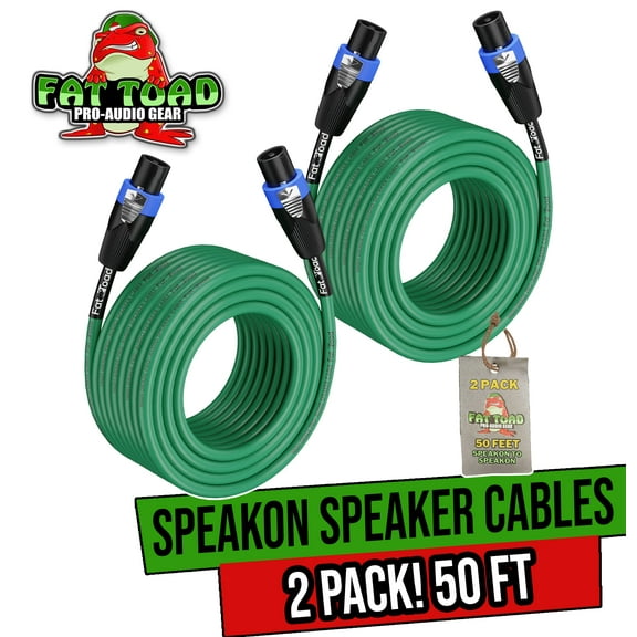 Fat Toad Speakon Cables (2 Pack) - 50 ft Professional Pro Audio Green Speaker PA Cord with Twist Lock Connector - 12 AWG Wire for Impeccable Studio Recording & Stage Performance Gear
