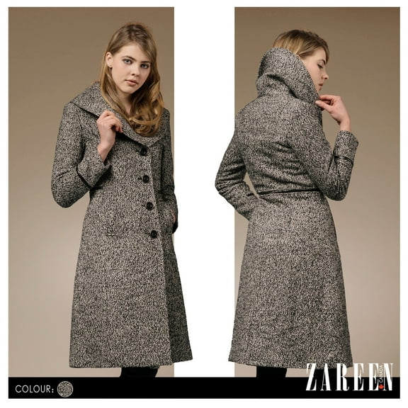 Zareen Wool Blend Long Coat with Oversized Lapel-Tweed-XL