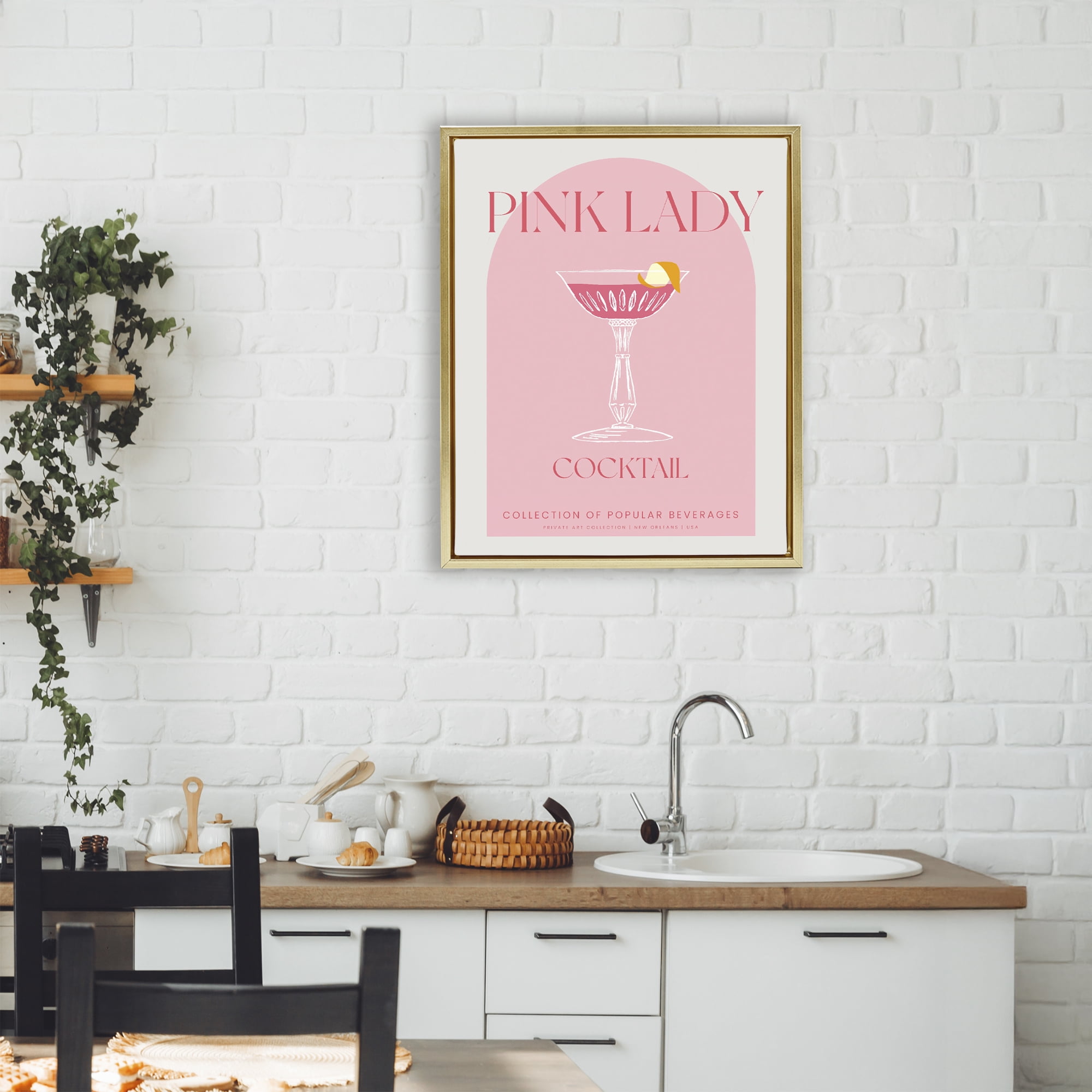 Stylish Retro Pink Lady Gold Framed Floater Canvas Wall Art, design by Lil' Rue