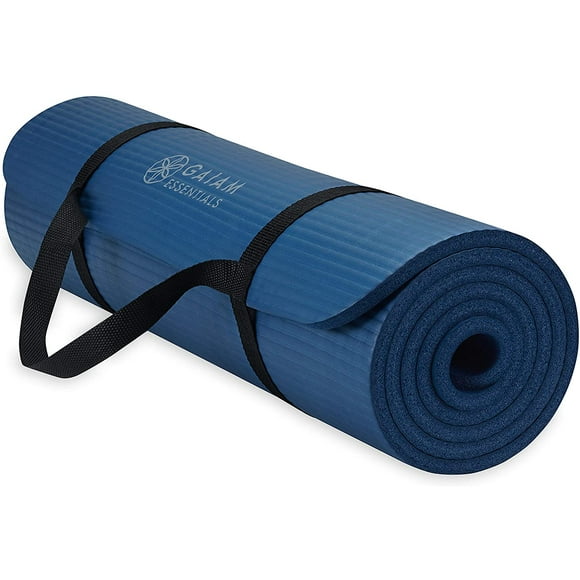 Gaiam Essentials Thick Yoga Mat Fitness & Exercise Mat with Easy-Cinch Carrier Strap, Navy, 72"L X 24"W X 2/5 Inch Thick