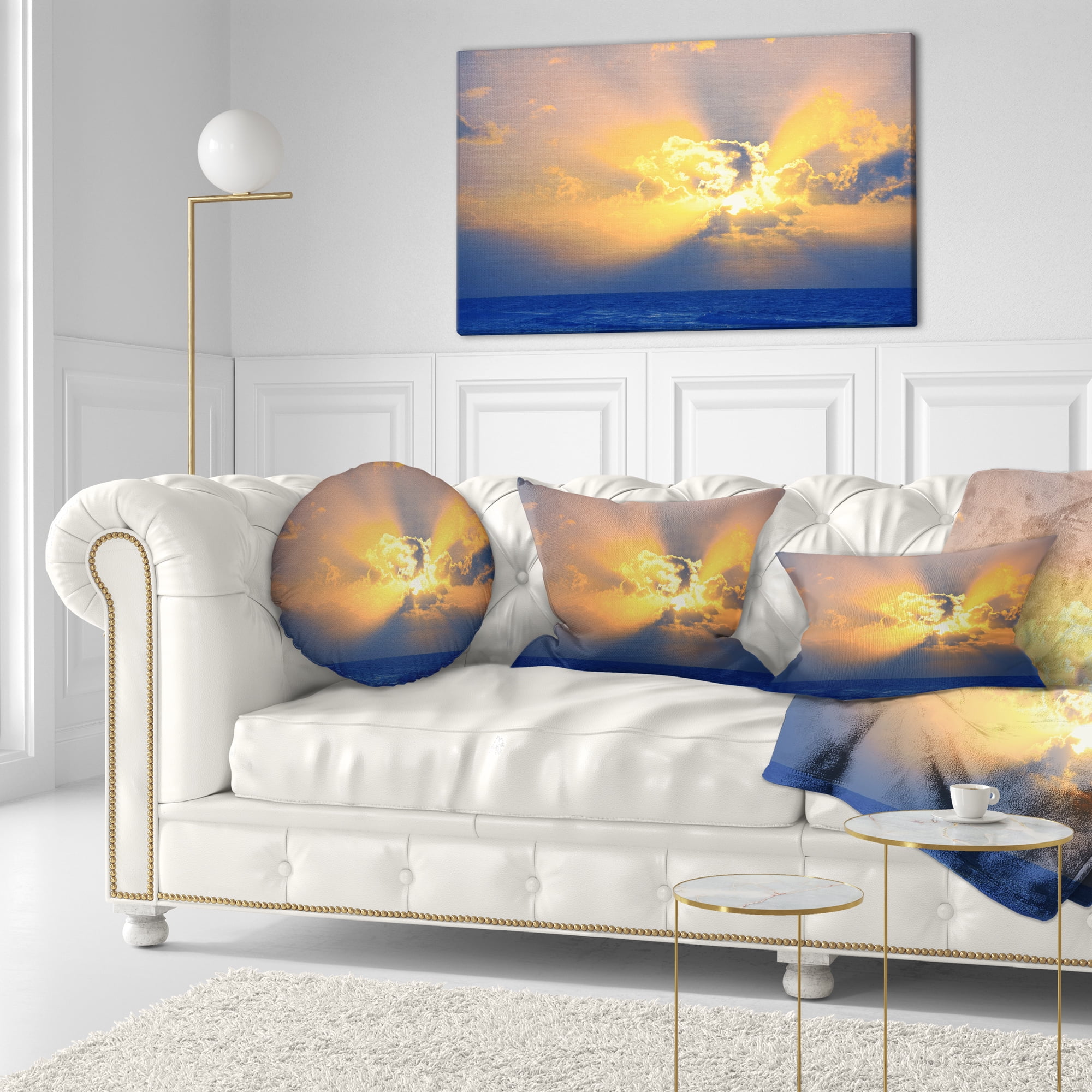 Designart Scenic Yellow Sunset in Ocean - Landscape Printed Throw Pillow - 12x20