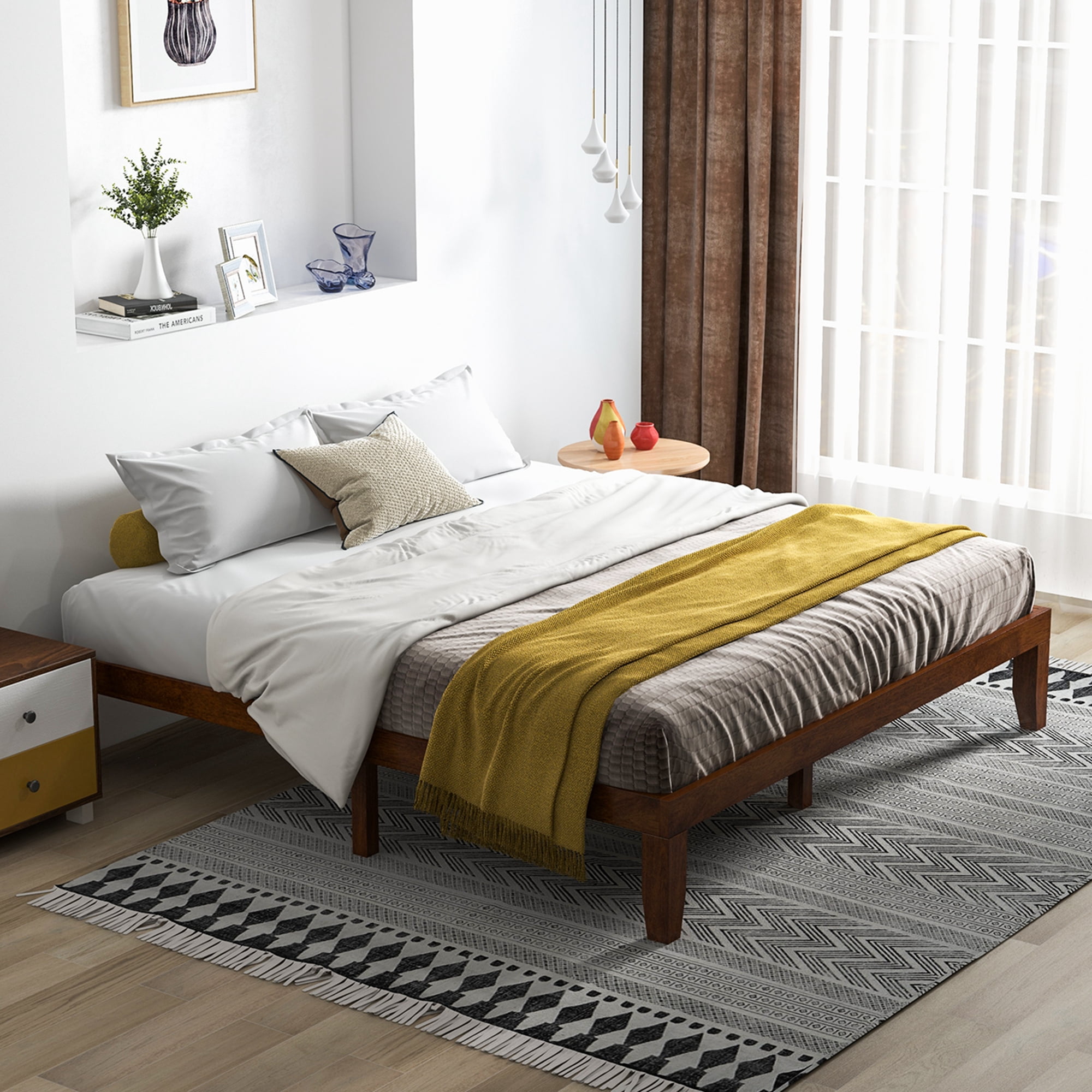 Costway King Modern Rubber Wood Plywood Standard Bed, Brown Cherry