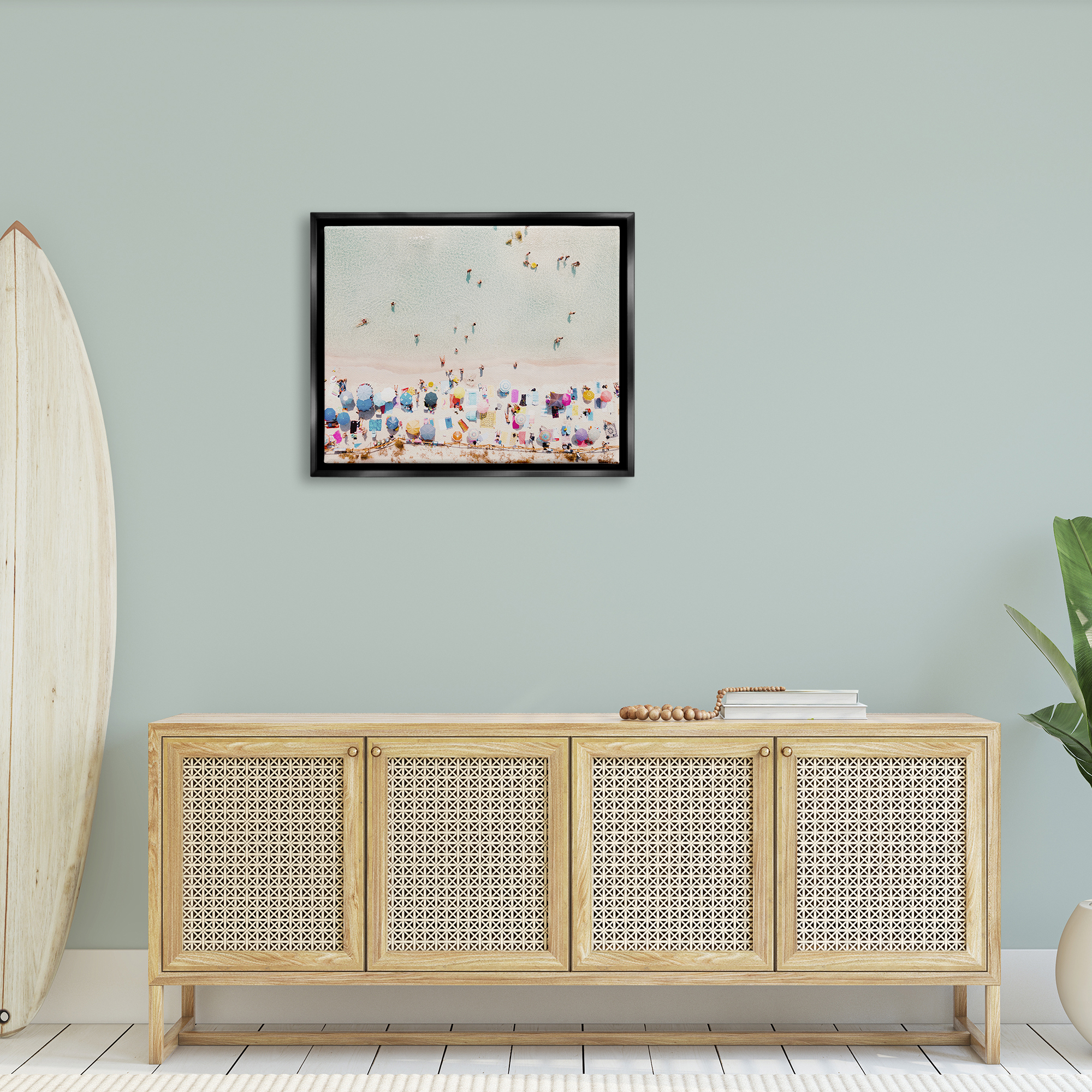 Stupell Aerial Beach View People Swimming Landscape Photography Black Floater Framed Art Print Wall Art