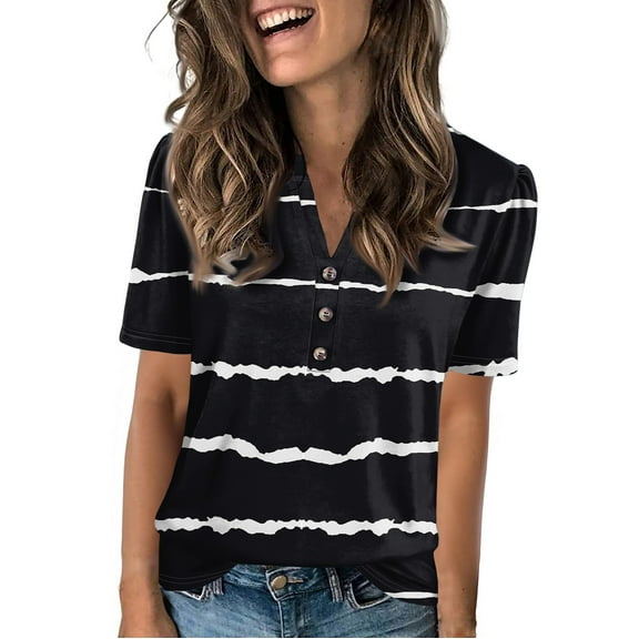 NAMTYQX Summer Blouses for Women 2025 Comfort Loose Fitting Button V Neck Plus Size Trendy Lounge Soft Short Sleeve Black Size S