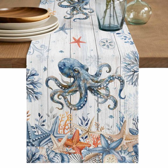 Octopus Coastal Table Runner 48 Inches, Summer Beach Coral Starfish Grey Wooden Bed Runner Dresser Scarves Tabletop for Indoor Outdoor Parties/Ceremony/Banquet, 13" x 48"