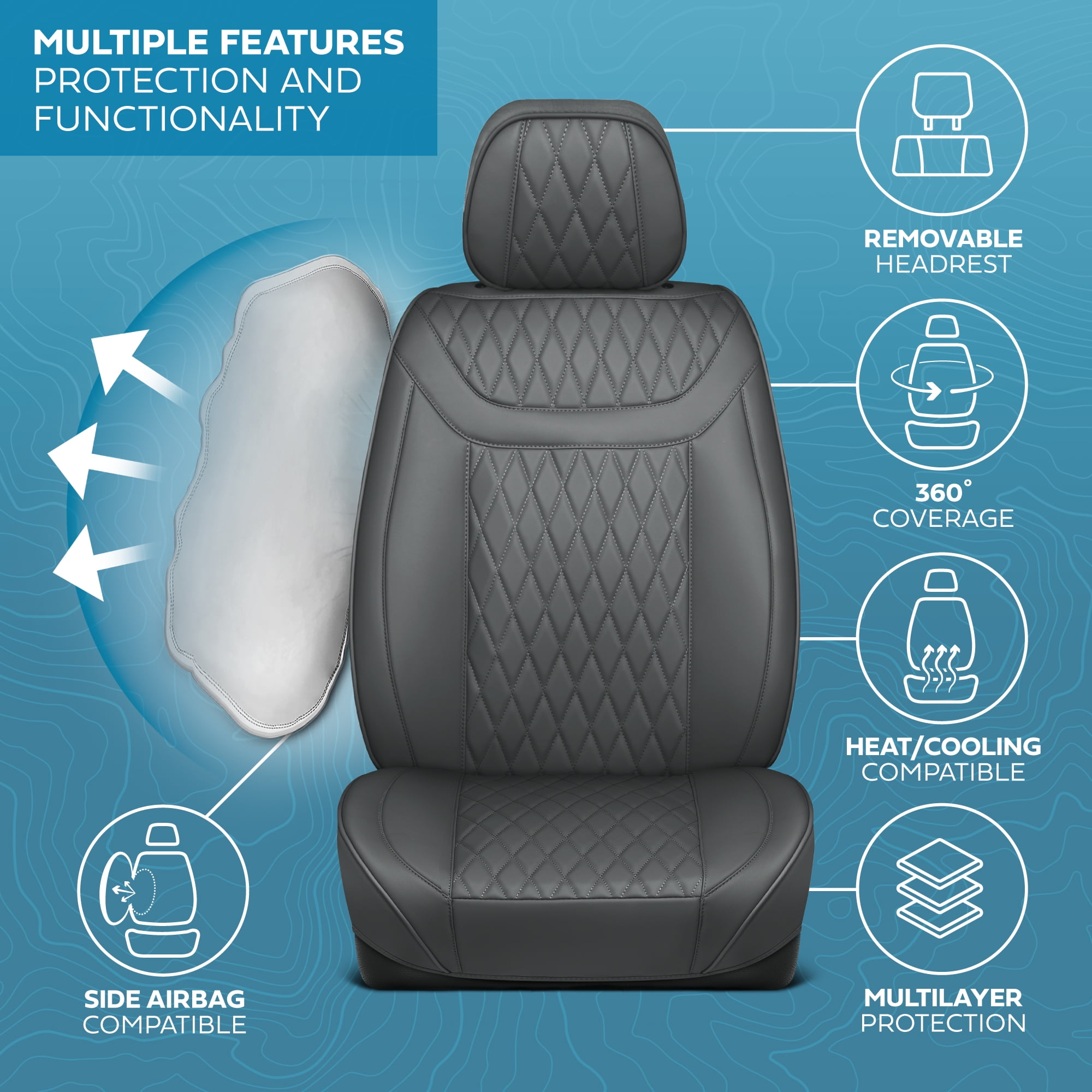 MotorBox Car Seat Covers - Ranch Leatherette Faux Leather Charcoal Seat Covers for Car - Diamond Stitched Cushioned Interior Protectors for Automotive Accessories Trucks, SUV, Cars - Two Front Covers