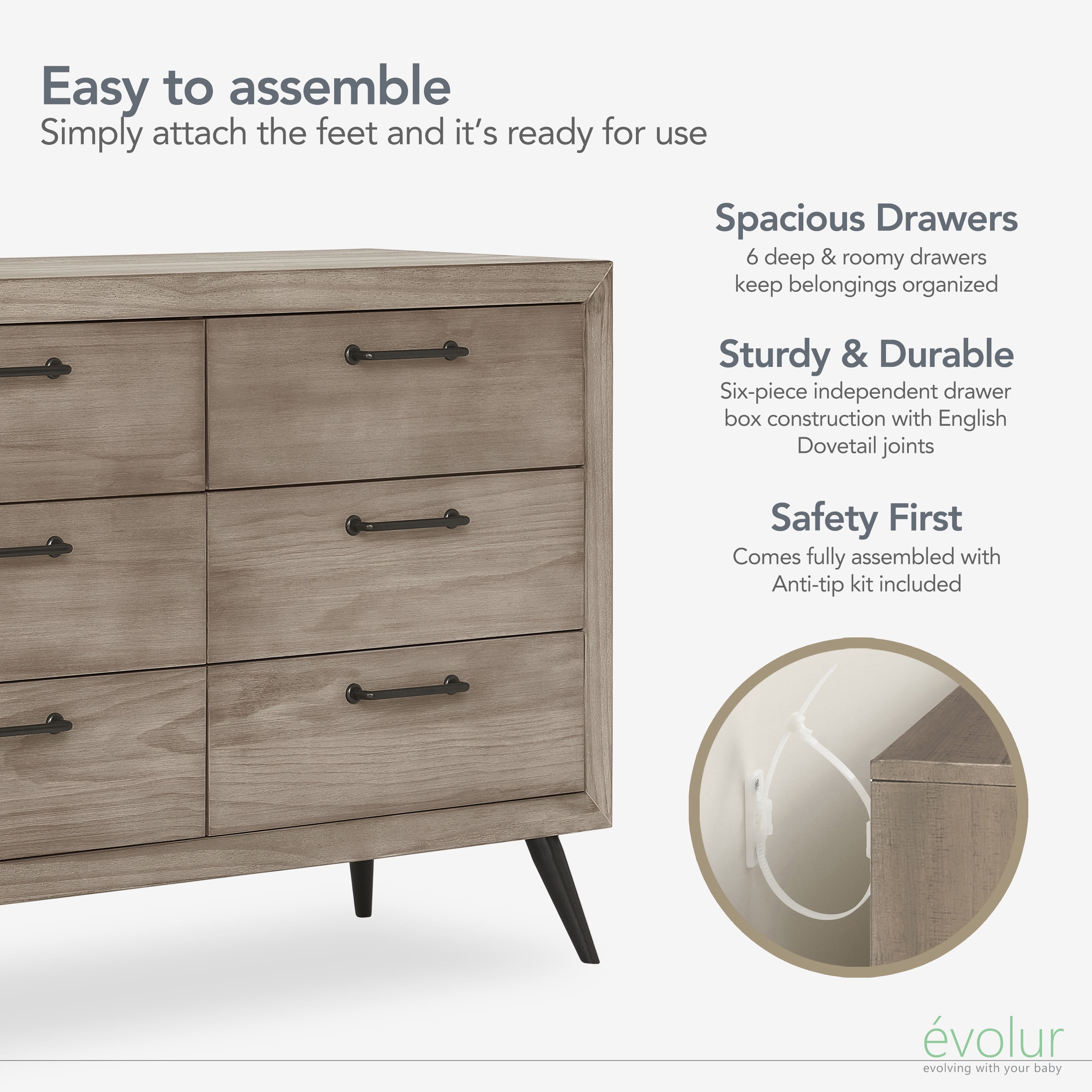 evolur Stilnovo Mid Century Double Dresser, Windsor Oak Grey