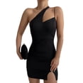 thumbnail image 2 of VISgogo Mini vestido ajustado dividido para mujer, correa de espagueti, vestido de club con recorte de un hombro VISgogo  moda, 2 of 6