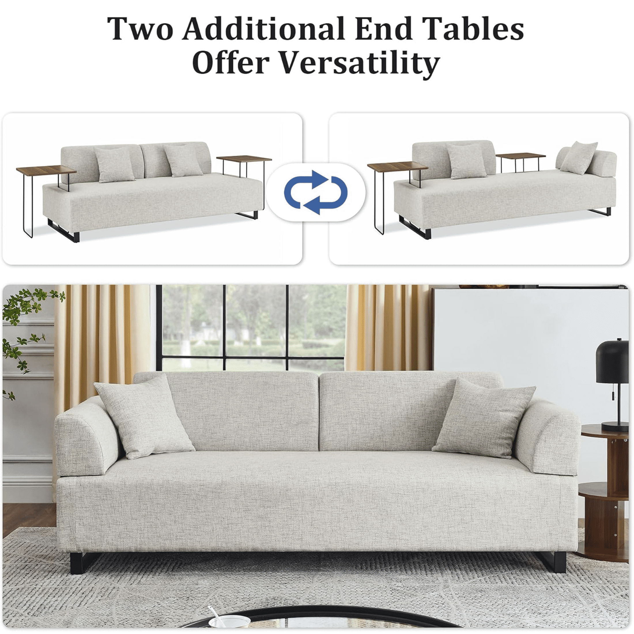 Aukfa 86" 3 Seater Sofa Couh for Living Room, Linen Upholstered Convertible Sleeper Sofa, Beige