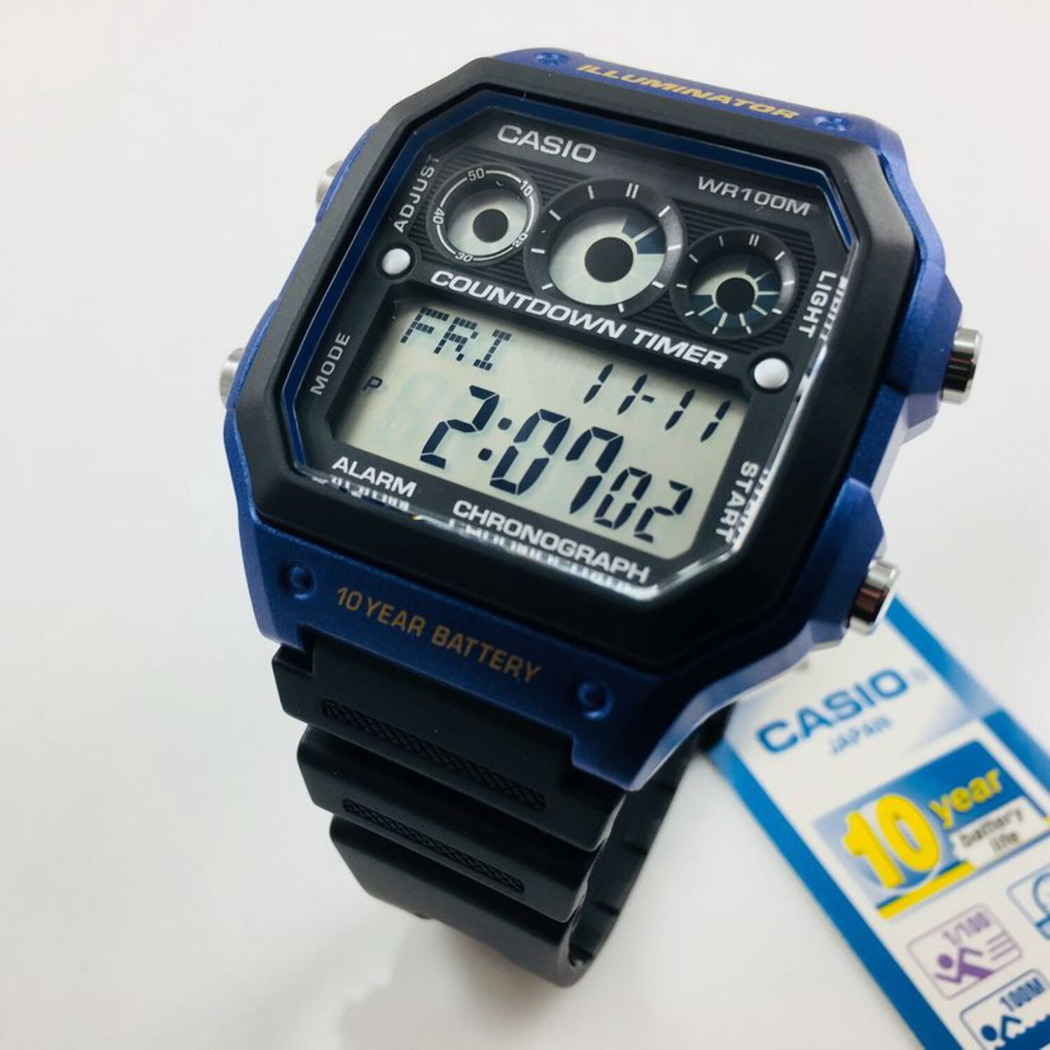 Casio Men's Digital Black Band Square Blue Resin Case Watch AE1300WH-2AV