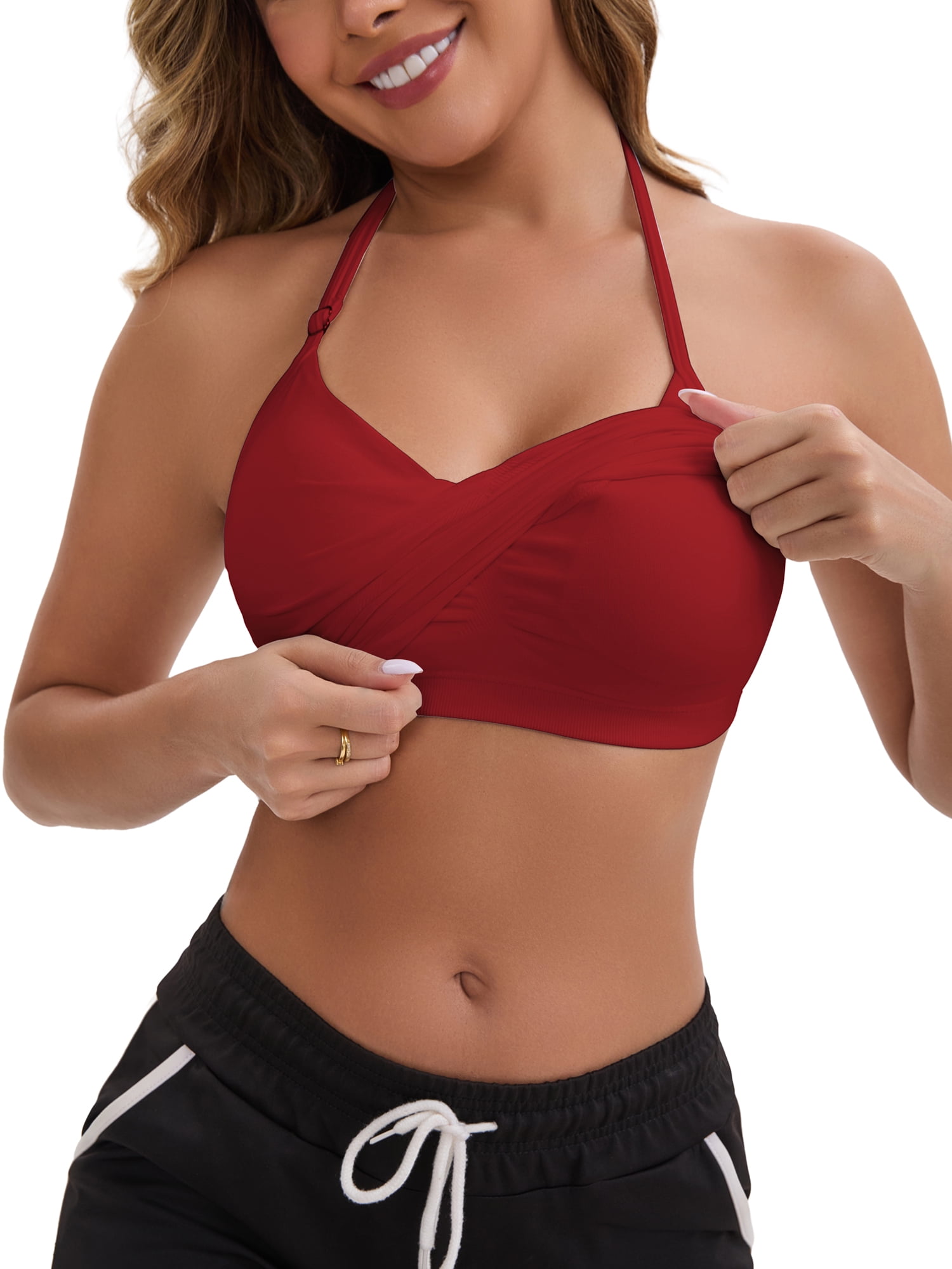 DARING DIVA Women's Halter Neck Padded Adjustable Spaghetti Straps Tank Top S Dark Red