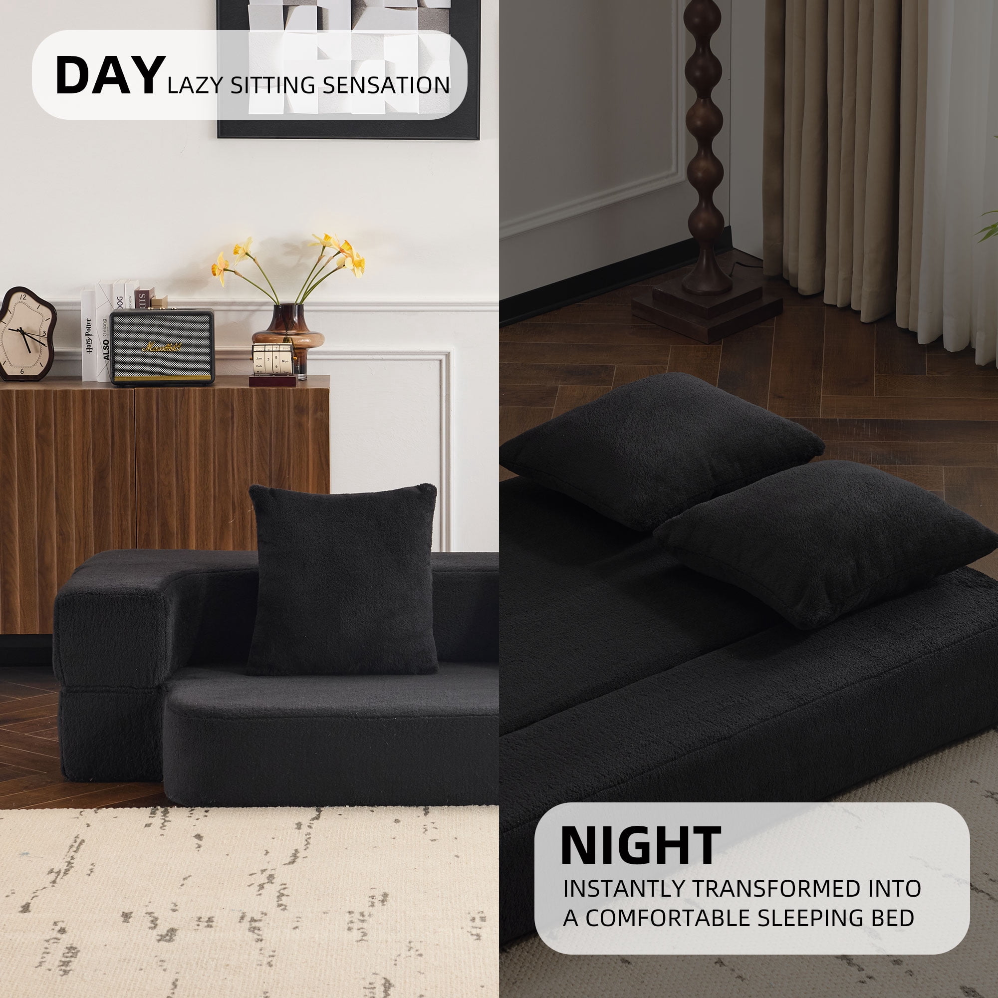Jopath 75'' Futon Sofa Bed, Foldable Mattress Sofa Couch with Pillow Back & Armrest, Faux Fur Floor Couch Lounge Sleeper Sofa Bed for Living Room/Bedroom,No Assembly Required,Black