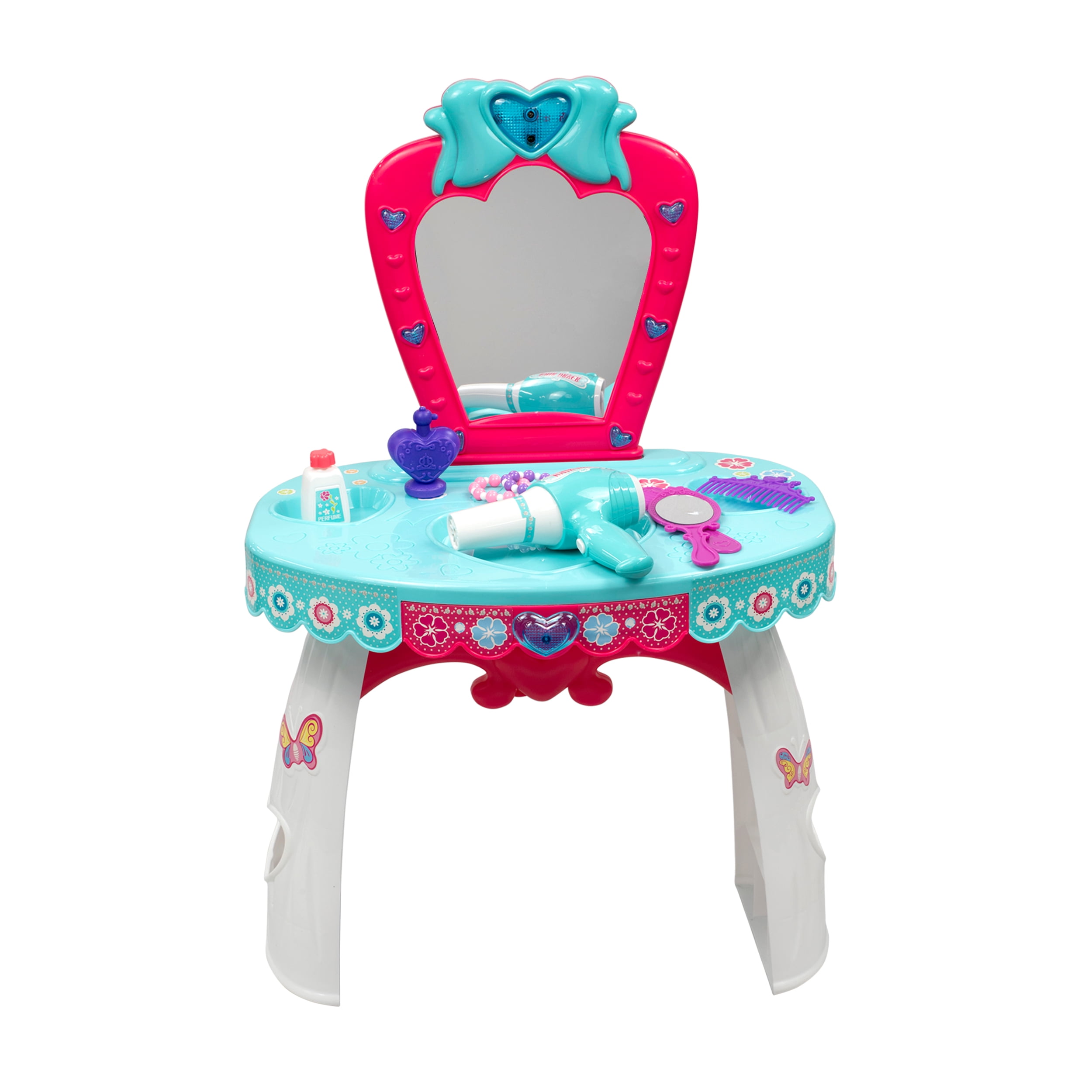 KNP Brands Kids Plastic Vanity Dressing Table with Stool and 19-Piece Accessories Set