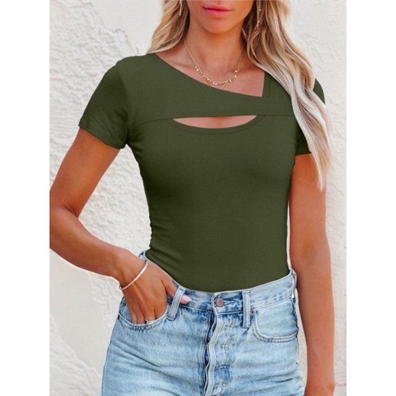 Womens Fashion Fall Clothes One Piece Cutout Tops short Sleeve Slim Fitted Shirts Tee Tshirts