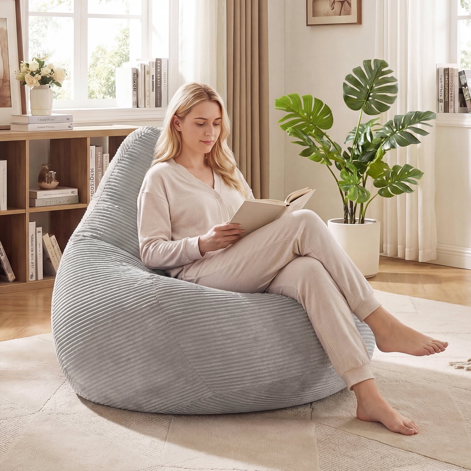 Costway Bean Bag Chair for Adults with Skin-friendly Corduroy Cover & Soft Sponge Filling Light Gray