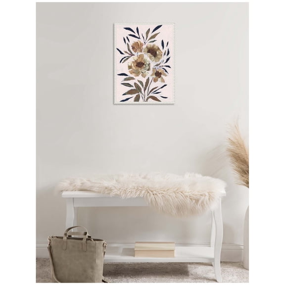 Kate and Laurel Muted Paintrely Florals Framed Canvas Wall Art by Nikita Jariwala 18 x 24 Sylvie Beaded White, Farmhouse, Abstract, Flowers Art for Wall Decor, Living Room, Bedroom