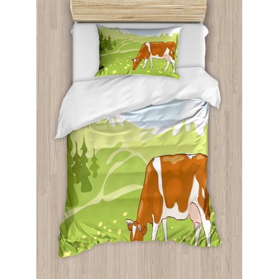 Cattle Twin Size Duvet Cover Set, Stylized Sketch Cow Eating Grass on the Alpine Meadow with Nature Forest Background, Decorative 2 Piece Bedding Set with 1 Pillow Sham, Multicolor, by Ambesonne