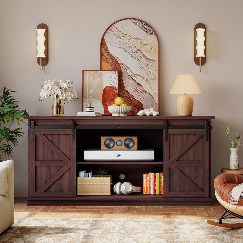 Vineego 70 inch Farmhouse TV Stand for Living Room, Entertainment Center with Sliding Barn Doors & 4 Storage Drawers, Adjustable Shelves Rustic Media Console for Bedroom,Brown
