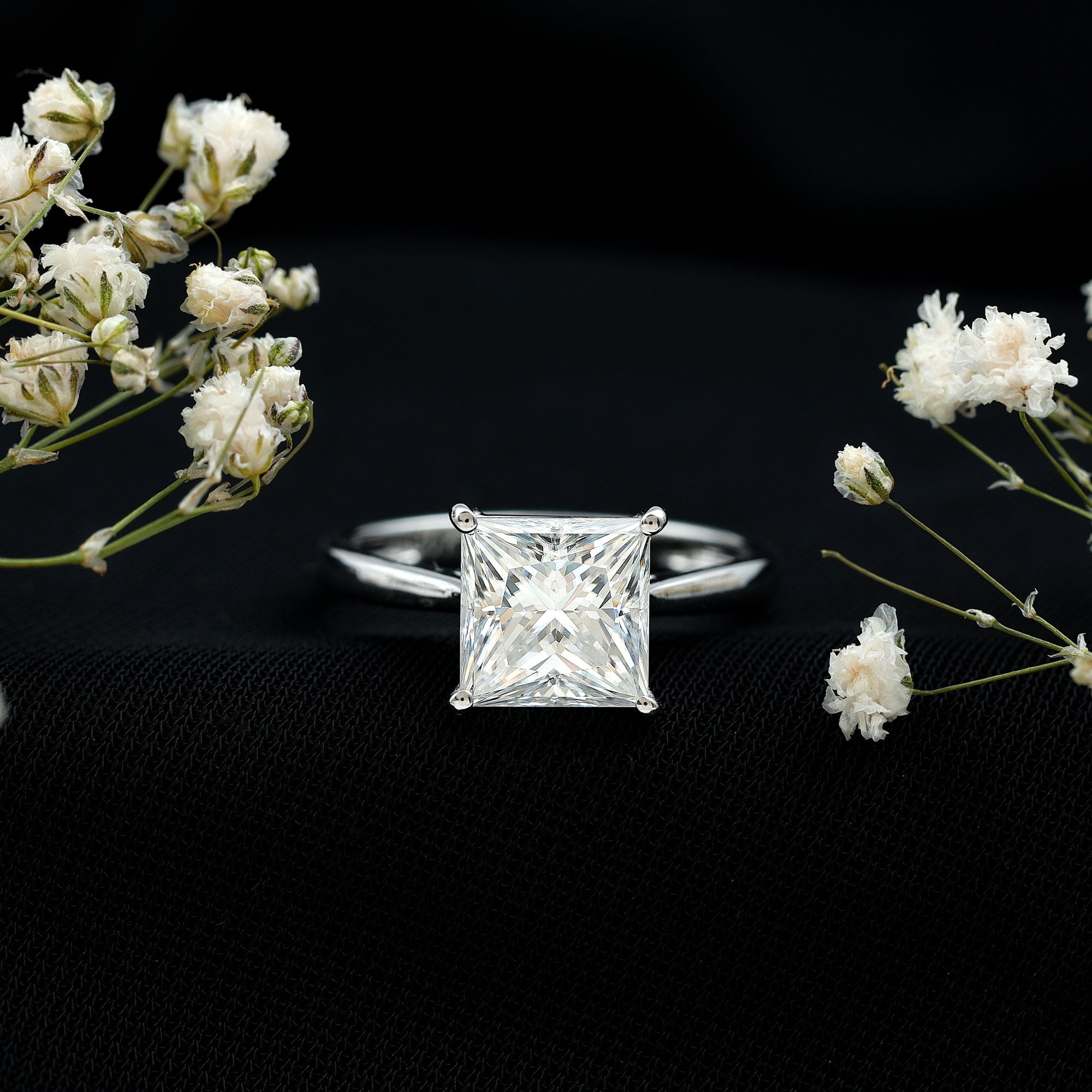 Rosec Jewels Princess Cut Moissanite Solitaire Engagement Ring for Women (2 Ct, 7 mm, D-VS1 Grade), 10K White Gold, US 6.50