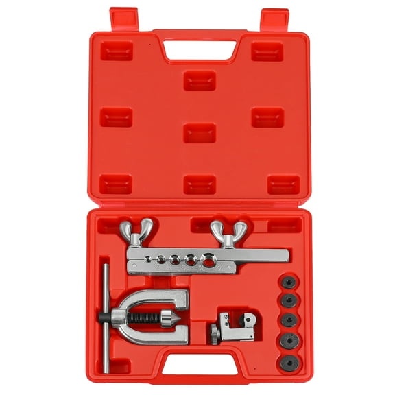 Brake Line Flaring Tool Kit with Tubing Cutter - Single and Double Flare Tool Kit with 5 Adapters - 45 Degrees Brake Line Repair Kit for Copper, Aluminum, Brass, Magnesium, and Soft Steel