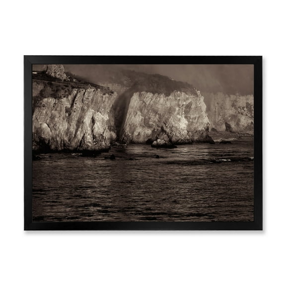 Designart 'Gold Cliffs Over Sea In The Fog' Modern Framed Art Print