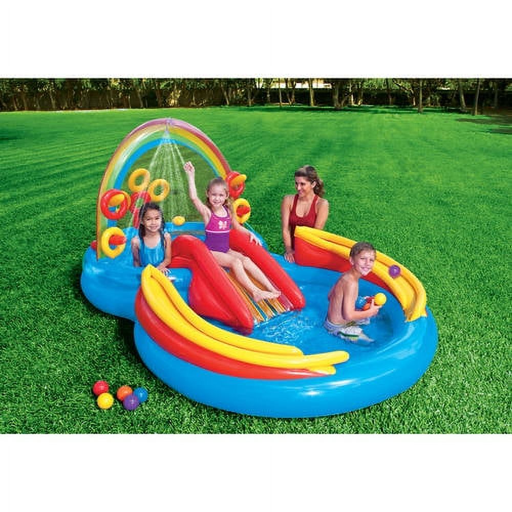 Intex 9.75 x 6.3 Ft Rainbow Slide Inflatable Pool & Water Slide Ring Center - image 3 of 5