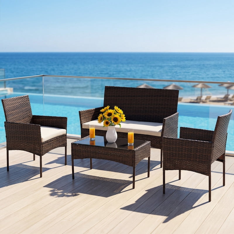 Gianna 4-Piece Patio Furniture Set, Outdoor Wicker Rattan Chairs with Removable Cushion & Glass Table, Conversation Furniture for Porch, Garden, Backyard, Poolside - Brown