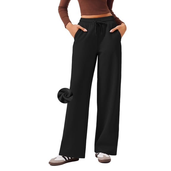 PINSPARK Winter Fleece Sweatpants for Women High Waisted Wide Leg Athletic Pants Loose Straight Active Pants with Pockets, Black, X-Small