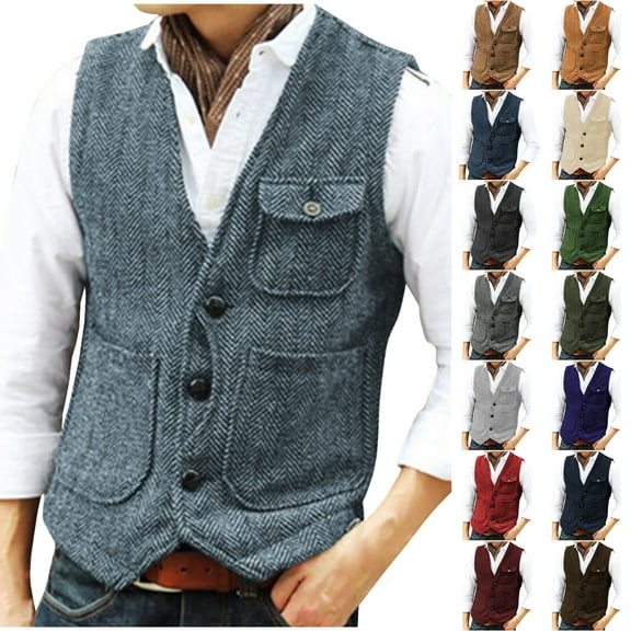 VBTAPA Men's Suit Vest Western Cargo Vests V Neck Herringbone Waistcoat with 3 Pockets Beige M