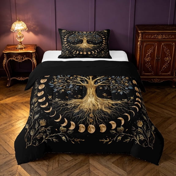 Homewish Tree of Life Twin Comforter Sets, Vintage Moon Phase Bedding Set, Black Reversible 2 Pieces, 1 Comforter and 1 Pillowcase