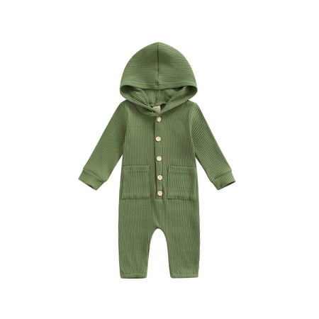 

Baby Boy Girl Long Sleeve Ribbed Hooded Jumpsuit Solid Color Hoodie Romper Button One Piece Outfits
