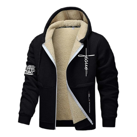 Mens Jesus Hoodies Christian Fleece Lined Zip Up Cross Thick Heavyweight Jackets Winter Warm Black L