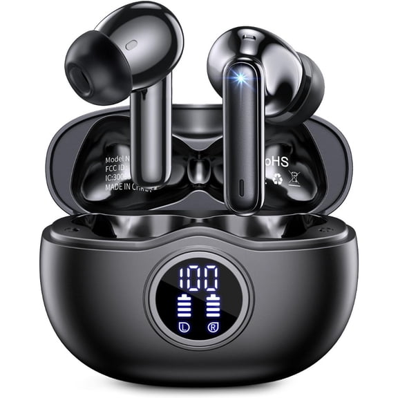 Bluetooth Headphones 5.3 Stereo Wireless Earbuds, 50 Hours of Playback with LED Display in-Ear Ear Buds with 4 Microphones IPX7 Waterproof Earphones for Sports, Black