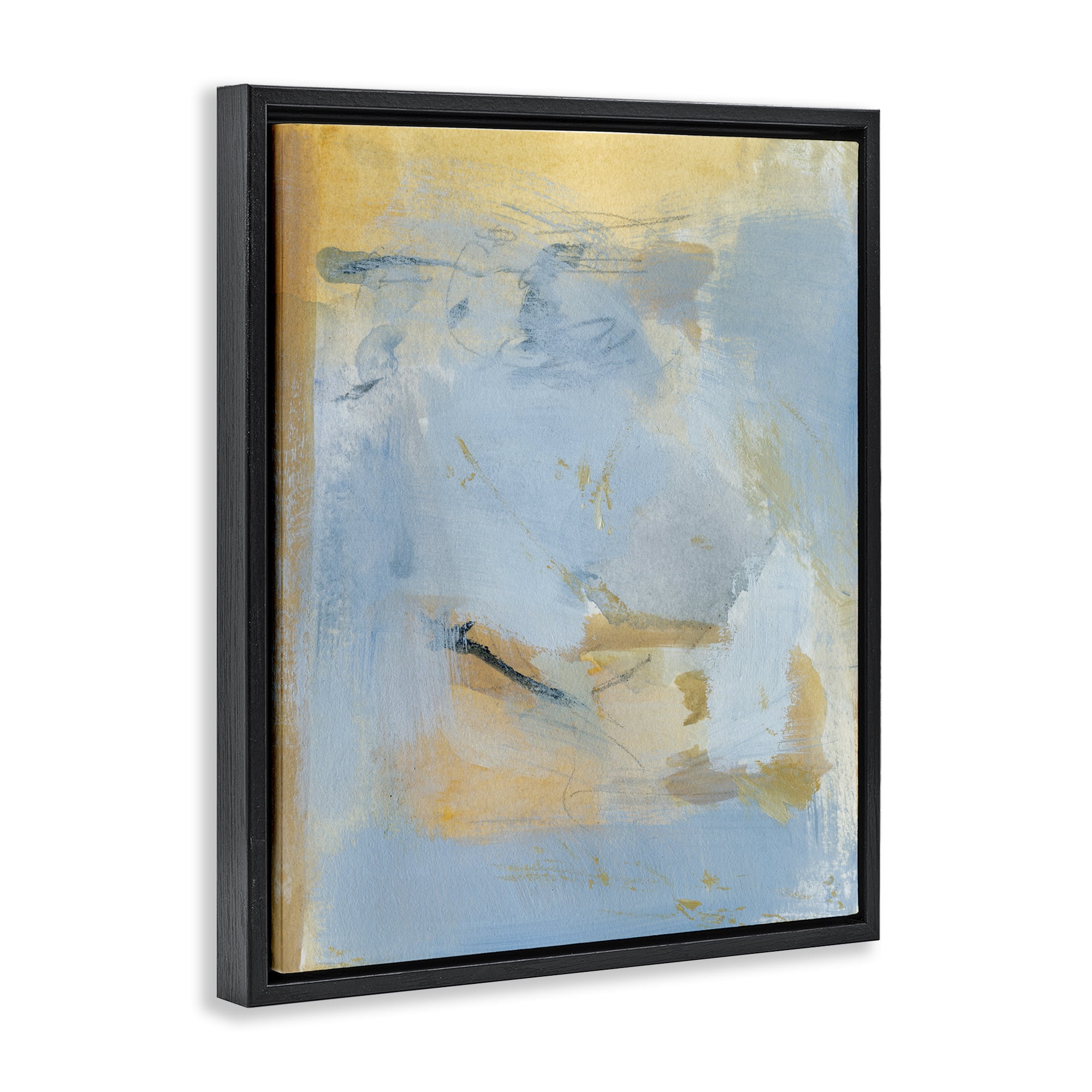 Stupell Industries Blue & Gold Organic Abstract Abstract Painting Black Floater Framed Canvas Art Print Wall Art, 25 x 31